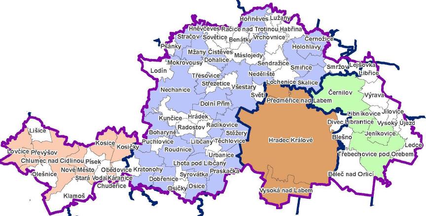 Převýšov) a dále vyjma obcí a měst které budou řešeny v rámci ORP Kostelec nad Orlicí (Černilov, Lejšovka, Libřice, Výrava, Jílovice, Libníkovice, Librantice, Vysoký Újezd, Blešno, Jeníkovice, Ledce,