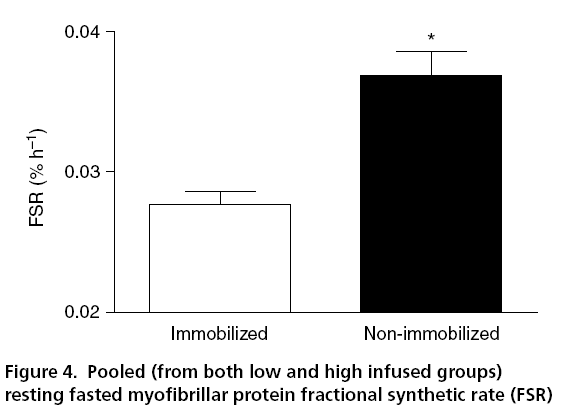 Aminokyseliny 1 a 6 g/kg/den - 14 denní imobilizace 1 končetiny vede k poklesu syntézy