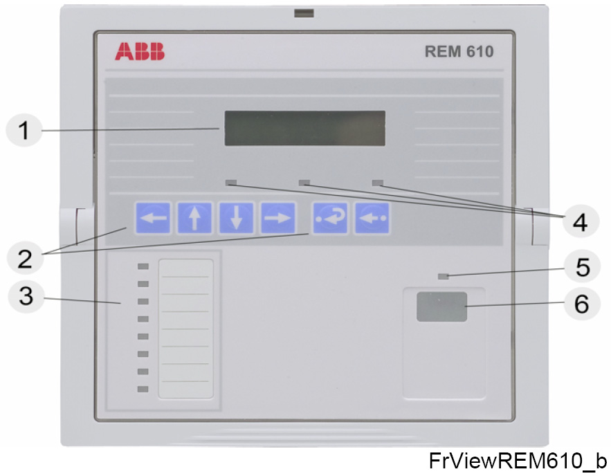 1MRS755682 Ochrana motoru REM 610 3. Instrukce 3.1. Charakteristické vlastnosti rozhraní HMI 3.1.1. Čelní panel Čelní panel ochrany obsahuje: Alfanumerický LCD displej s 2 x 16-ti znaky, nasvětlením