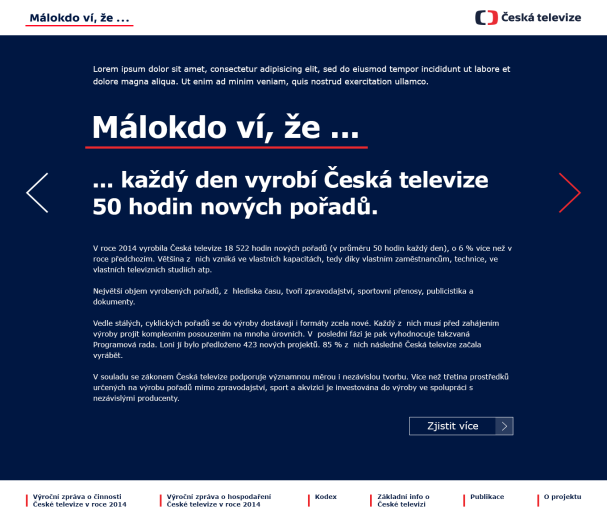 Další aktivity na podporu činnosti České televize Málokdo ví, že Na podporu informovanosti o činnosti a hospodaření České televize byla spuštěna minulý rok kampaň Málokdo ví, že, která formou