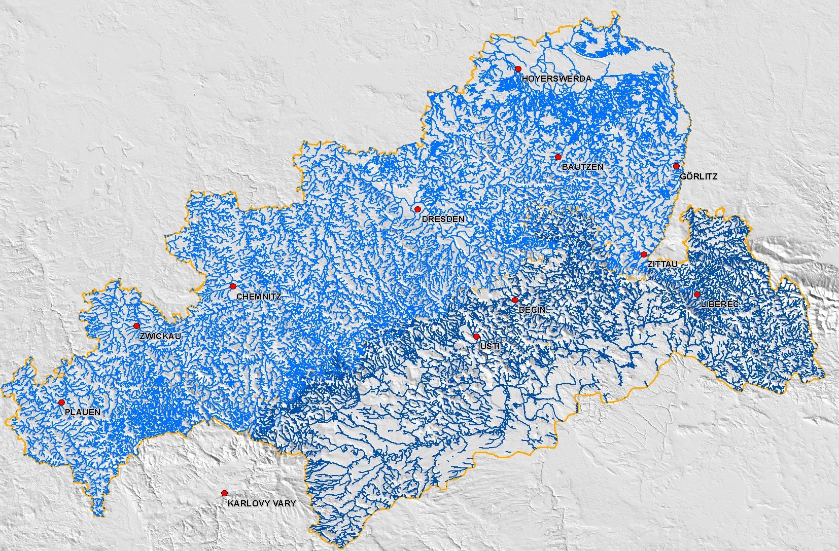 Mapa území tekoucí vody Gebietskulisse - Fließgewässer skutečná hustota tekoucích