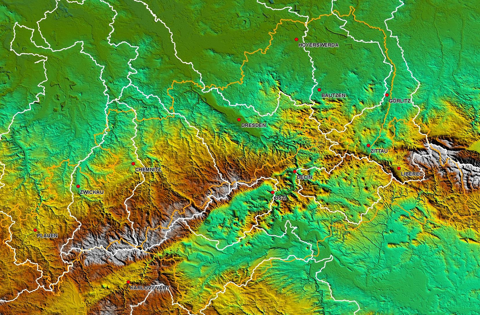 Mapa území reliéf a hlavní spádové oblasti Gebietskulisse