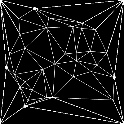 Obr. 4.7: Počáteční triangulace jedné buňky. Po dokončení Delaunayova inkrementálního vkládání bodů do triangulace se získá triangulizovaný obdélník (viz Obr. 4.8).