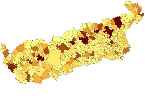 Kartogram 3 Počet obyvatel ve městech a obcích k 1.