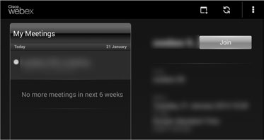 Web a sítě Připojení ke schůzce výběrem v seznamu My Meetings 1 Na obrazovce Aplikace klepněte na položku WebEx. 2 Přihlaste se do účtu WebEx.