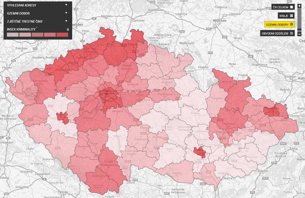 Obr. č. 4 Mapa kriminality porovnání nápadu trestné činnosti územních odborů Policie ČR v letech 2013-2015 Zdroj: Mapakriminality.cz Tabulka č.