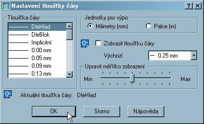 Filip Čmiel, AutoCAD 176 Obrázek 7-9: Dialogové okno Načíst tloušťky čar 7.2.5. Nastavení hladiny jako aktuální Kreslení probíhá vždy v aktuální hladině.