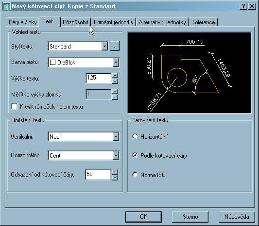 Filip Čmiel, AutoCAD 217 Volby v rámci umístění textu nastavují pozici textu vzhledem ke kótovací čáře, vynášecím čarám a kótovacím objektům.