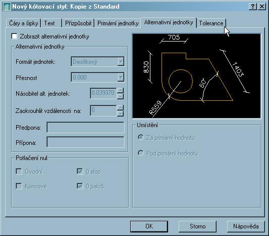 Filip Čmiel, AutoCAD 222 9.3.6. Přidání alternativních jednotek kót Alternativní jednotky kót používají pro kóty další systém měr.