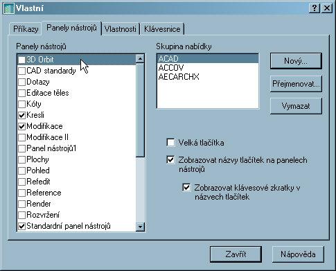 Filip Čmiel, AutoCAD 27 Obrázek 1-12: Karta Panely nástrojů 1.6.2. Operace s nástrojovými panely - Ukažte na modrý proužek panelu, stiskněte levé tlačítko myši a držte ho stisknuté.