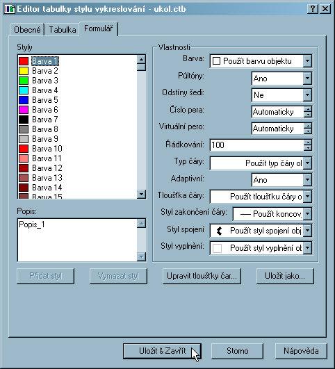 Filip Čmiel, AutoCAD 274 Obrázek 12-7: Dialogové okno Editor tabulky stylu vykreslování 12.2.3.