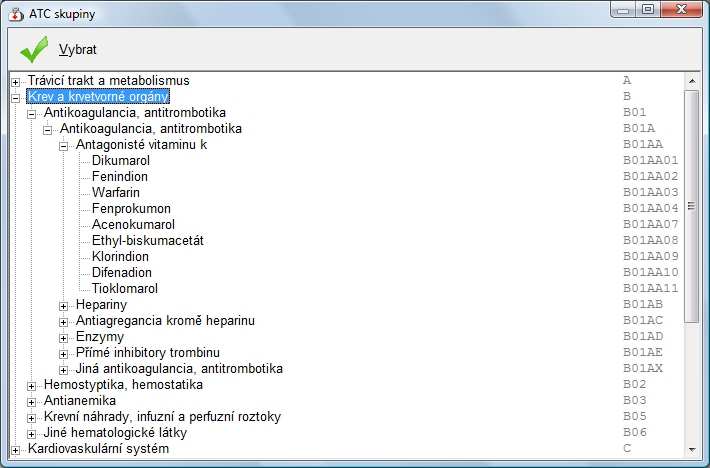 Vyhledání léku po zadání ATC skupiny 1. Zobrazte okno Lékové informace. 2. Ujistěte se, že je stisknuto tlačítko Vše. 3. Stiskněte tlačítko ATC. Zobrazí se okno pro vyhledání ATC skupiny. 4.