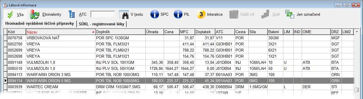 Lékové interakce a Lékové informace (volba Pojišťovna, Číselníky, Lékové informace) Při hledání informací v seznamu léků jsou zjišťovány lékové interakce mezi označenými léky (stiskem mezerníku).
