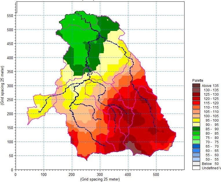 Obr. 6 Nahoře: Příklad rozložení srážkového úhrnu podle radaru vstup do modelu. Radarový produkt úhrn srážek za 15 min, čtverce 1x1 km, jednotky škály: mm/h.