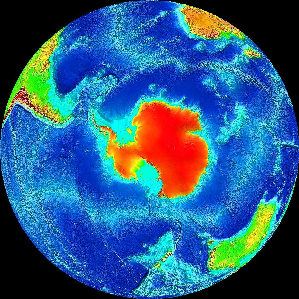 ANTARKTIDA reliéf Povrch znázorněný odstíny zelené, žluté, hnědé a červené barvy se nachází nad úrovní hladiny oceánu.