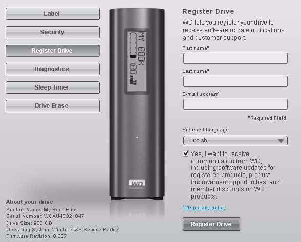 Registrace disku MY BOOK ELITE Software WD SmartWare může využít internetové připojení počítače k registraci disku.