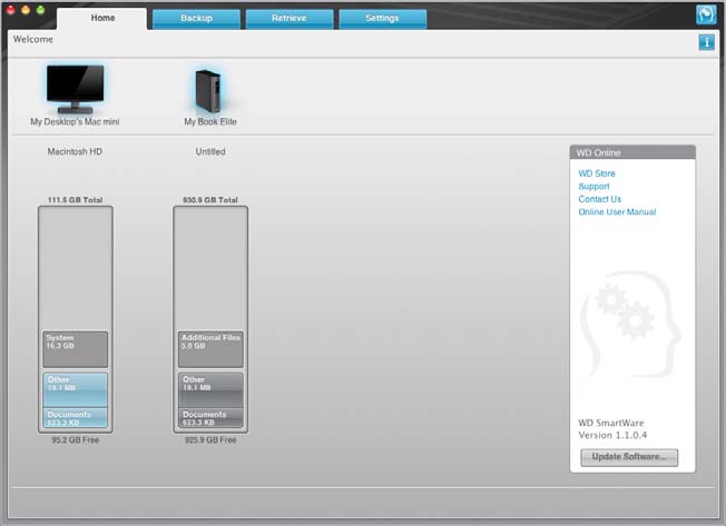 V aplikaci Finder poklepejte na položku WD SmartWare v seznamu Applications: Zobrazí se okno Home (Výchozí) softwaru WD SmartWare.