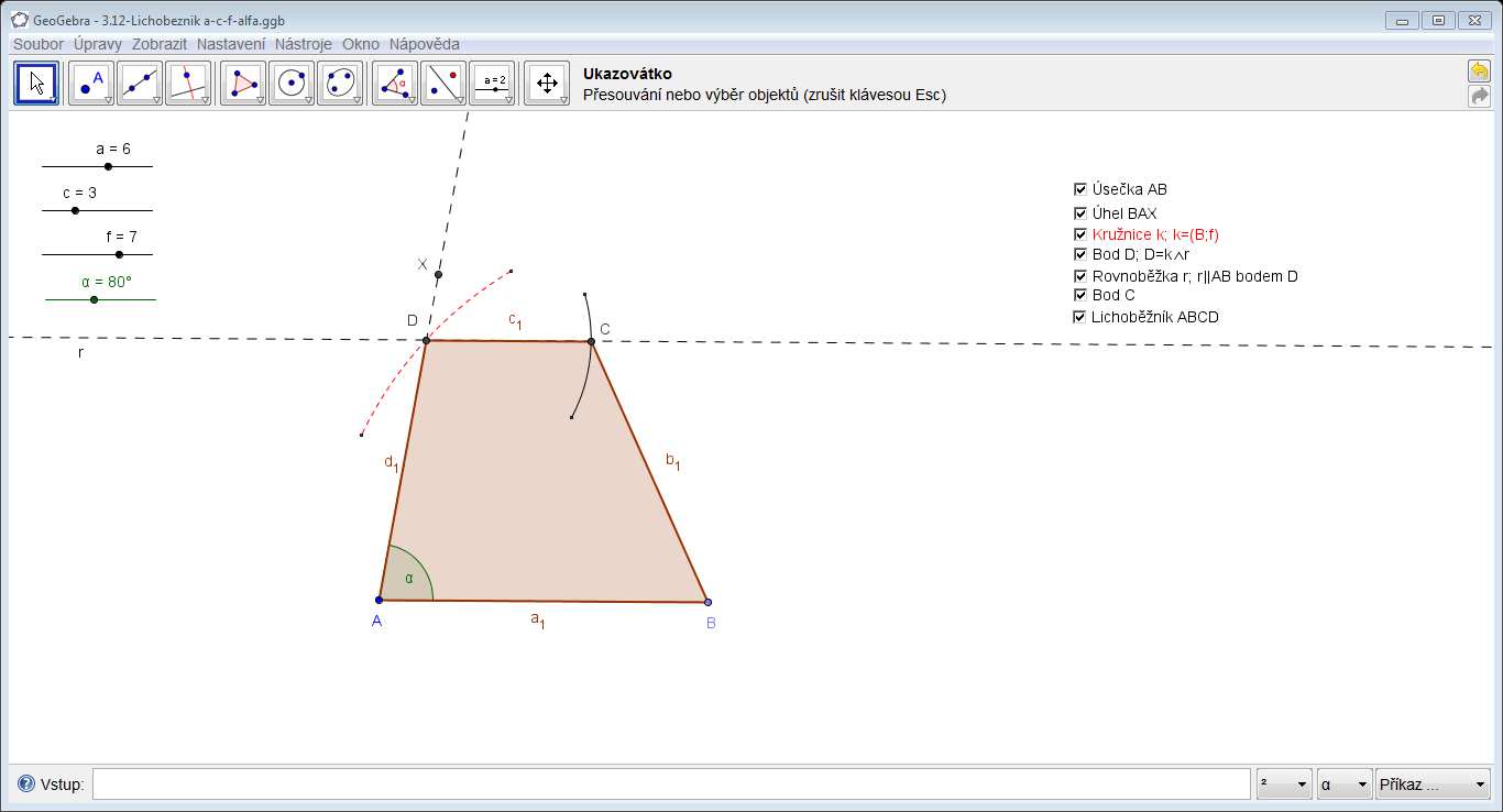 12. Konstrukce lichoběžníku se známou úhlopříčkou Pochopení konstrukce lichoběžníku se známou úhlopříčkou V aplikaci GeoGebra otevřete dokument 3.