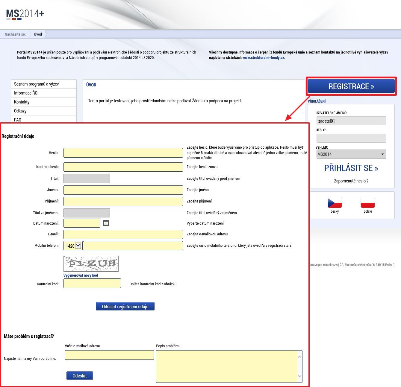 9 1.5. Registrace a přihlášení uživatele Registrace uživatele Pro přístup do portálu IS KP14+ je nutné provést registraci nového uživatele přes tlačítko Registrace na úvodní stránce https://mseu.mssf.