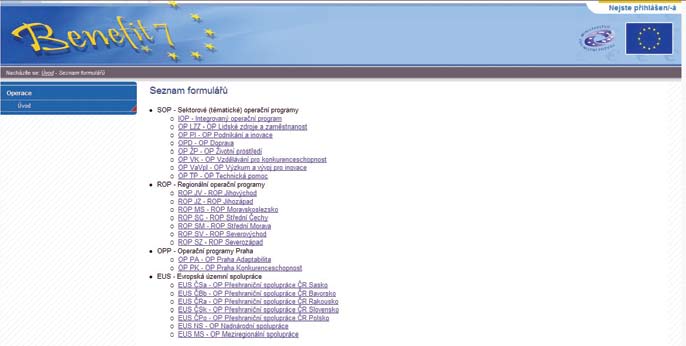 Obrázek 3: Internetová aplikace Benefit 7+ Ze seznamu operačních programů (www.eu-zadost.cz/stromformularu.aspx) si nejprve vyberete vámi požadovaný.