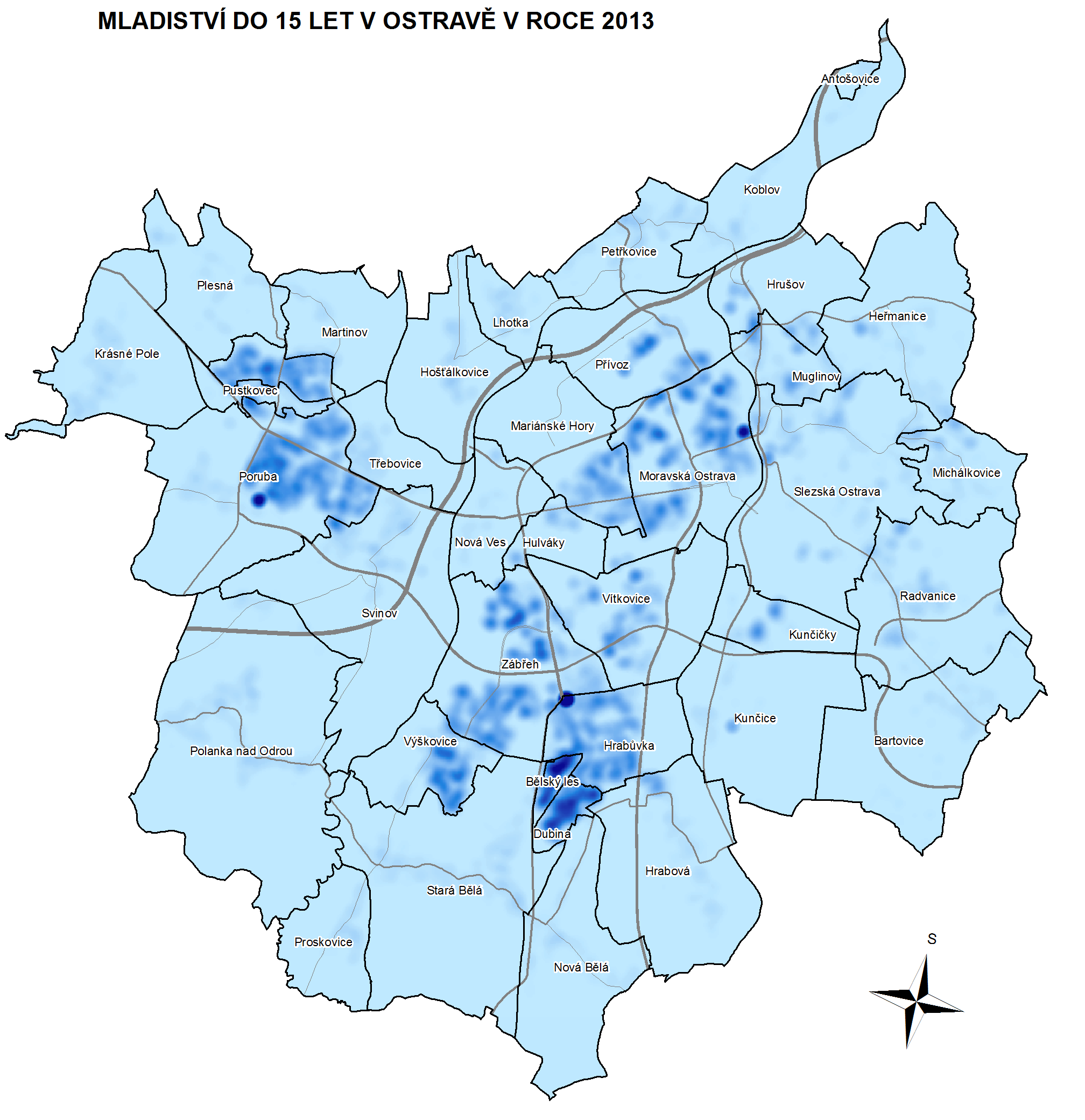 DEMOGRAFICKÁ SITUACE NA ÚZEMÍ MĚSTA OSTRAVY Koncentrace mladistvých do 15 let v SMO: Ostrava Jih (část Bělský les, Dubina, Zábřeh), Poruba, Moravská