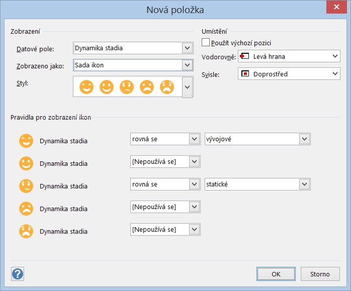 9 Karta Data 112 Sada ikon V našem případě vytvoříme datový obrazec Stadia se dvěma položkami: vlastnost (datové pole) Dynamika stadia bude prezentována sadou ikon typu smajlík, vlastnost Počet