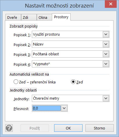 11 Prostorový plán 134 Místnosti Popisky prostorů Vybereme prostor. V okně Dat obrazce je zatím vyplněná jediná vlastnost Vypočítaná oblast.