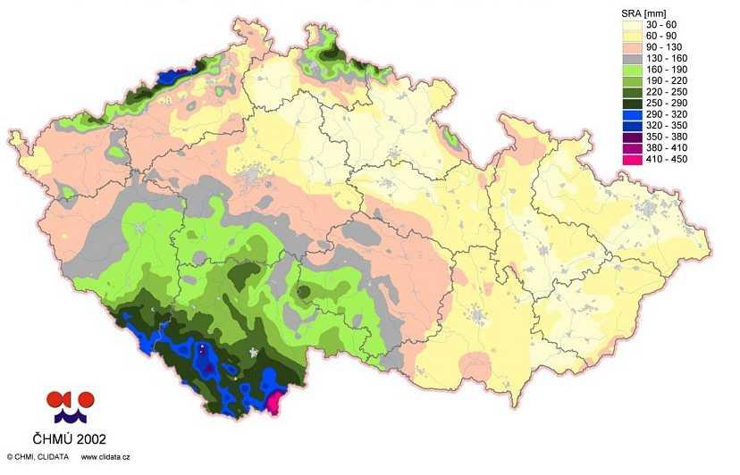 Obr. 5c Srážky za obě srážkové epizody v srpnu 2002 Grant GAČR