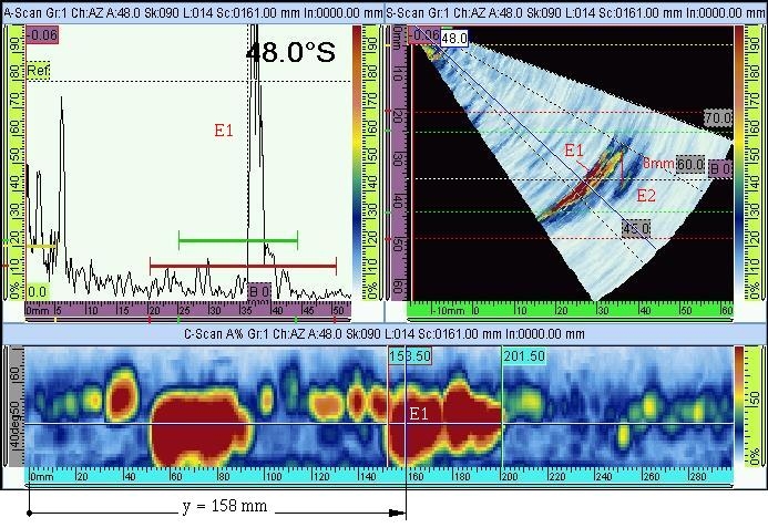 -4- Obr.5 Současné zobrazení A - scanu S - scanu a C-scanu při zkoušení svaru.