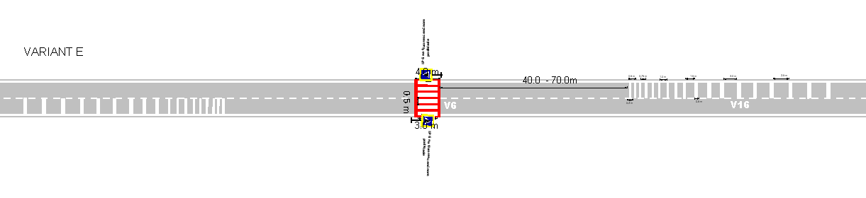 Variant E: Tento variant je navrhnutý podobne ako variant D ale je bez dopravných gombíkov a dopravné značenie IP6 je na fluorescenčnom podklade.