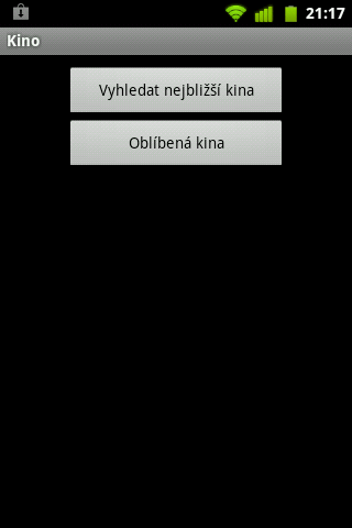 1. Úvodní obrazovka aplikace Na úvodní obrazovce se nachází dvě tlačítka. Tlačítko Vyhledat nejbližší kina slouží k zobrazení seznamu kin seřezených dle vzdálenosti od uživatele.