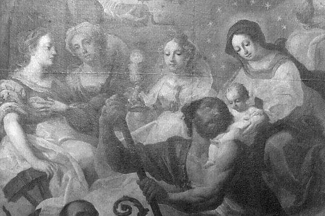 Oltář Čtrnácti pomocníků Detail z obrazu oltáře 14 pomocníků: Panna Maria a 3 světice - Kateřina, Markéta a Barbora, níže pak sv.