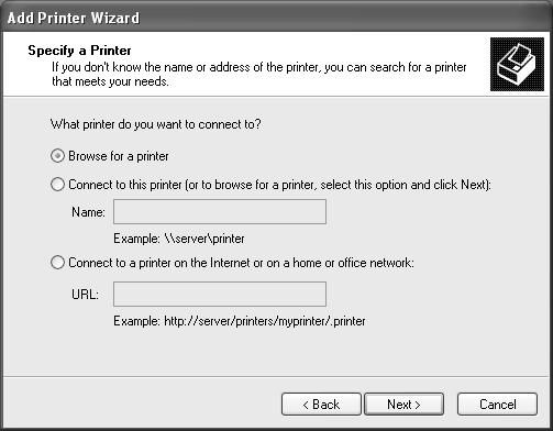 3. Vyberte položku Network printer (Sít ová tiskárna) (Windows 2000) nebo A network printer, or a printer attached to another computer (Sít ová tiskárna nebo tiskárna připojená k jinému počítači)