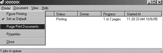 2. Chcete-li zrušit všechny tiskové dokumenty, vyberte v nabídce Printer (Tiskárny) položku Purge Print Documents (Vyprázdnit tiskové dokumenty) (systém Windows Me nebo 98) nebo Cancel All Documents