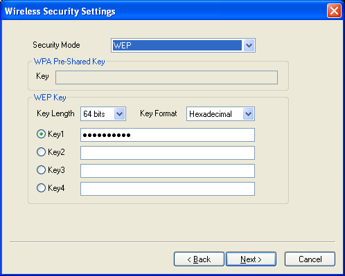 11. Pokud se budete připojovat do zabezpečené sítě, zobrazí se vám okno Wireless Security Settings (Nastavení bezpečnosti bezdrátové sítě).