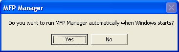 14. Vyberte Yes (Ano), přejete-li si spouštět aplikaci MFP Manager automaticky při startu Windows. Doporučujeme toto nastavení povolit. 15. Přednastavené bezdrátové bezpečnostní nastavení je Auto.