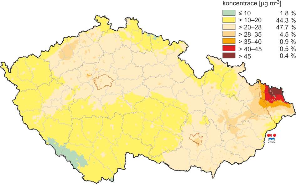Obrázek 14 - Rozložení průměrné roční imisní koncentrace PM 10 v ČR v roce 2013 zdroj: www.chmi.