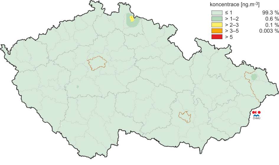 3.11.3. Imisní koncentrace kadmia rozložení koncentrací Obrázek 40 - Pole roční průměrné koncentrace kadmia v ovzduší