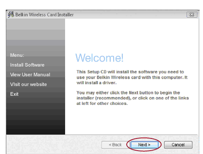 Instalace a nastavení adaptéru B. Instalace v systému Windows XP DŮLEŽITÉ: PŘED VLOŽENÍM ADAPTÉRU NAINSTALUJTE SOFTWARE. B.1 Vložte disk CD s instalačním programem do jednotky CD-ROM. B.2 Do 20 sekund se zobrazí instalační program bezdrátového adaptéru Belkin.