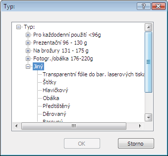 6. Rozbalte seznam možností Jiný. 7. Vyberte možnost odpovídající typu papíru, který používáte, a klikněte na tlačítko OK.
