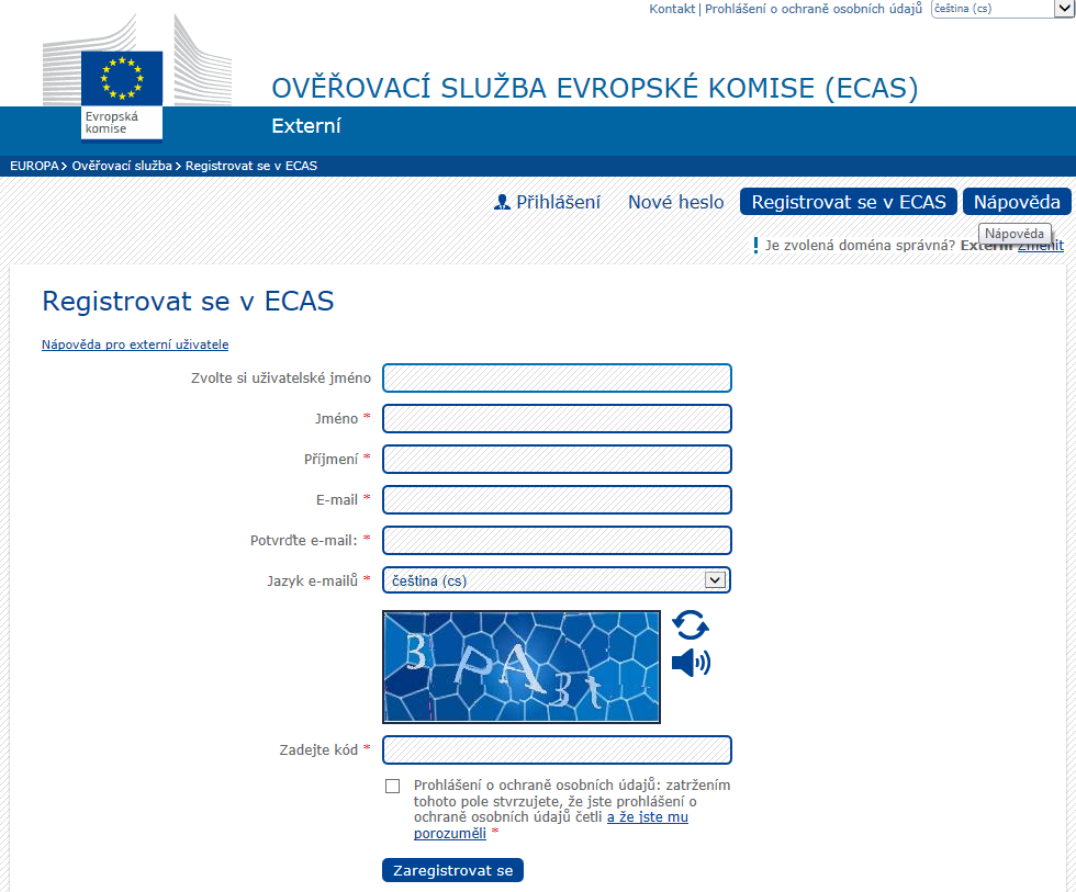 ECAS v Participant Portal kliknout na