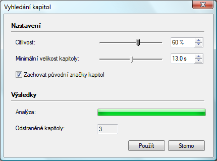 Vytvoření projektu 2.2.2 Automatické vytváření kapitol Pro video titul ve vaší kompilaci je možné automaticky vytvořit kapitoly. Je třeba splnit následující požadavky: Zobrazí se obrazovka Obsah.