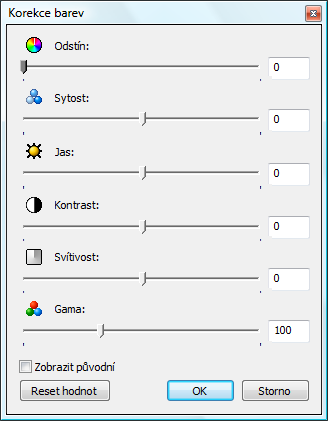 Úprava videa Okno Korekce barev K dispozici jsou následující možnosti nastavení: Posuvník Odstín Posuvník Sytost Posuvník Jas Posuvník Kontrast Posuvník Světlost Posuvník Gama Zaškrtávací políčko