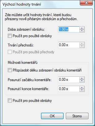 Prezentace Pro zkrácení či prodloužení času zobrazení jednotlivých obrázků upravte dobu zobrazení v okně Vlastnosti.