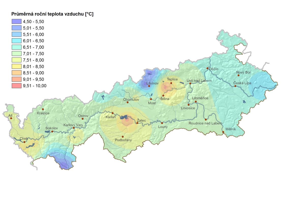 Obrázek 3. Průměrná dlouhodobá roční teplota vzduchu I.1.3. Hydrologické poměry Páteřními toky dílčího povodí Ohře, dolního Labe a ostatních přítoků Labe je Labe v úseku od soutoku s Vltavou po státní hranici a její přítok řeka Ohře.