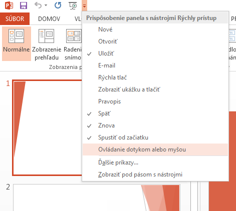 Prístup k najčastejšie používaným príkazom Panel s nástrojmi Rýchly prístup v ľavom hornom rohu okna PowerPointu je skvelým miestom na pridanie tlačidiel, ktoré urýchlia prístup k najčastejšie