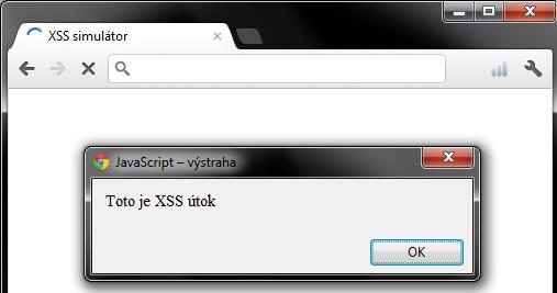 http://testovaci-stranka/stranka.html?prezdivka= <script>alert('toto je XSS útok.');</script> V tomto případě se uživateli objeví vyskakující okno s textem: Toto je XSS útok.