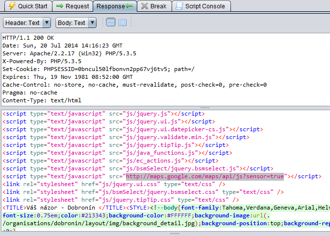 4.2.4 Cross-domain Javascript source file inclusion Webová stránka se odkazuje na JavaSriptový kód třetí strany, který je mimo kontrolu webové aplikace.