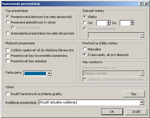 Menu Prezentácia V menu Prezentácia sa nastavujú základné vlastnosti prezentácie a jej samotné spustenie.