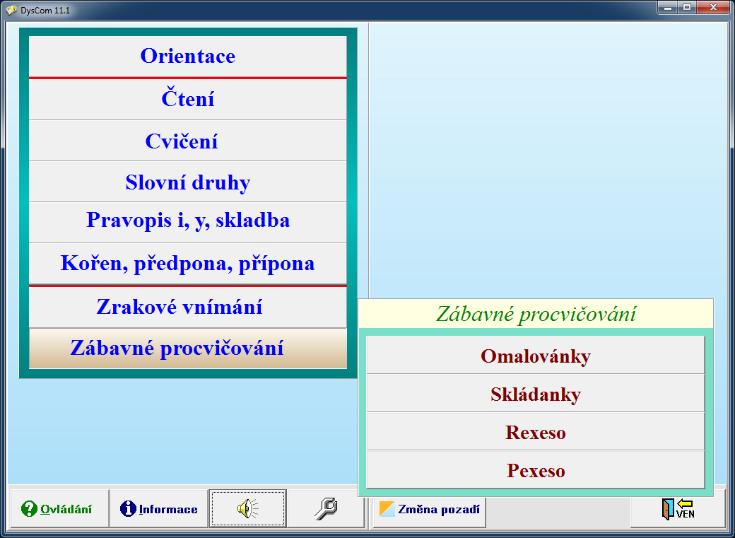 8. Zábavné procvičování Tato část se zaměřuje na cvičení zrakového zapamatování konkrétních a konkrétně-abstraktních obrázků i abstraktních tvarů (písmen), skládání částí v celek, vizuomotoriku,